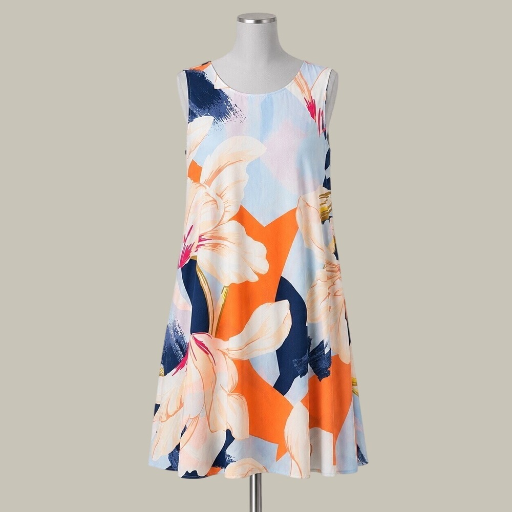 Halogen Shift Dress S Blue Orange Abstract Floral Sleeveless Brunch Beach Weddin